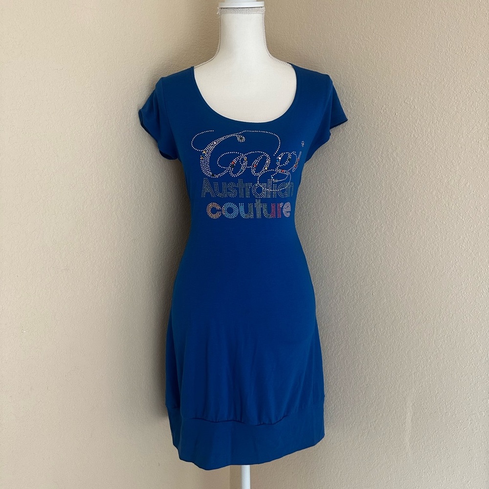COOGI Australian Couture Royal Blue Rhinestone Twist Back Dress XL Y2K Mcbling